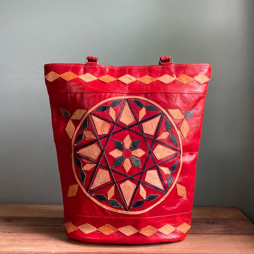 Vintage Tribal Geometric Print Leather Tote Bag - Picture 3 of 8